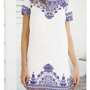 Blue and white floral shift dress